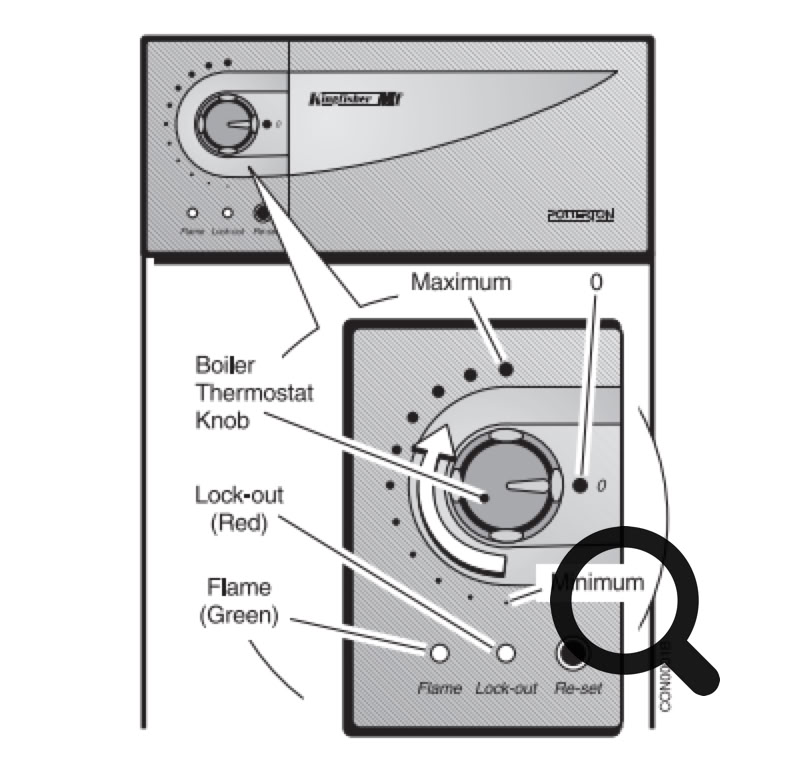 Potterton Kingfisher MF boiler controls showing lockout light and reset button.